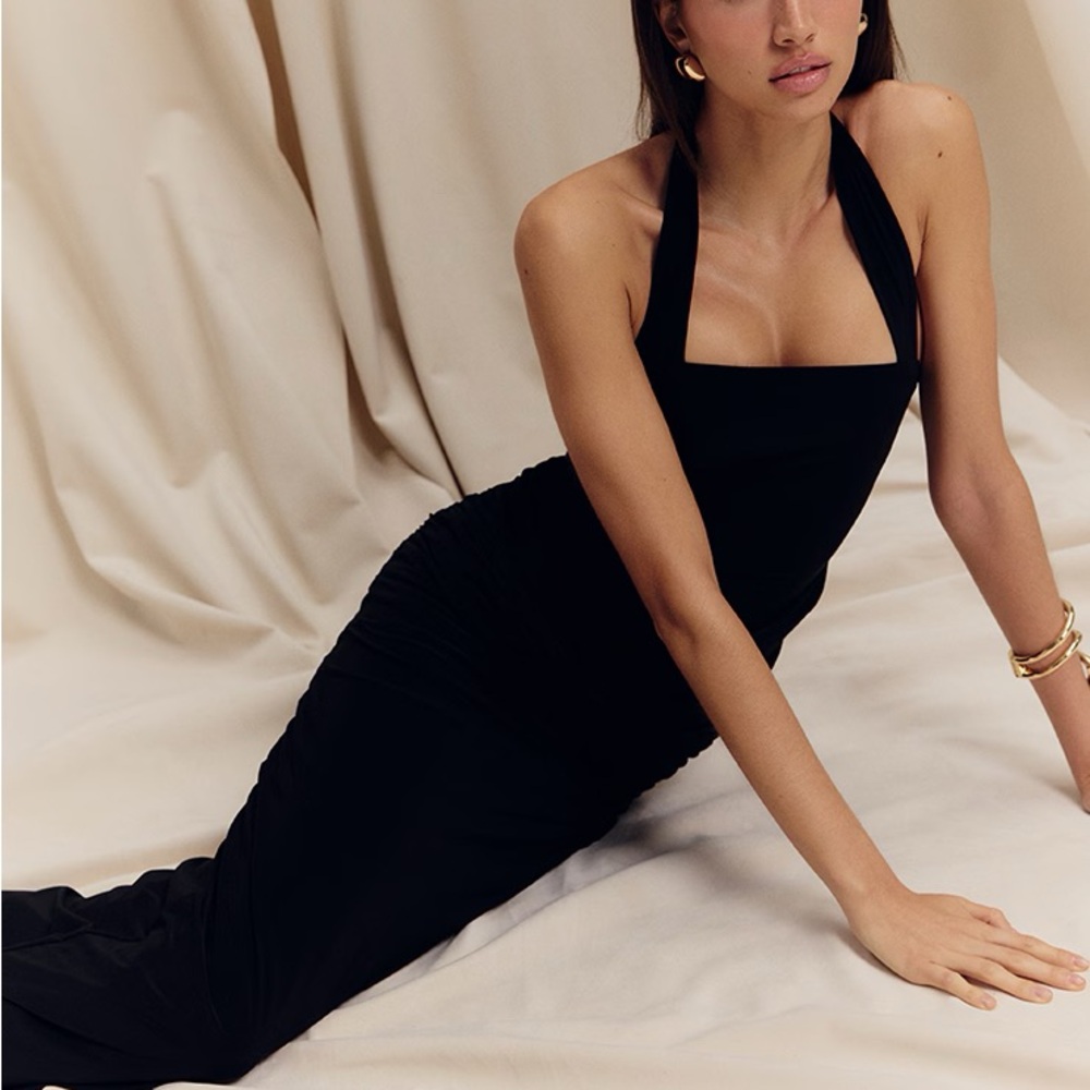 Black Double Layer Slinky Square Halterneck Drape Detail Maxi Dress